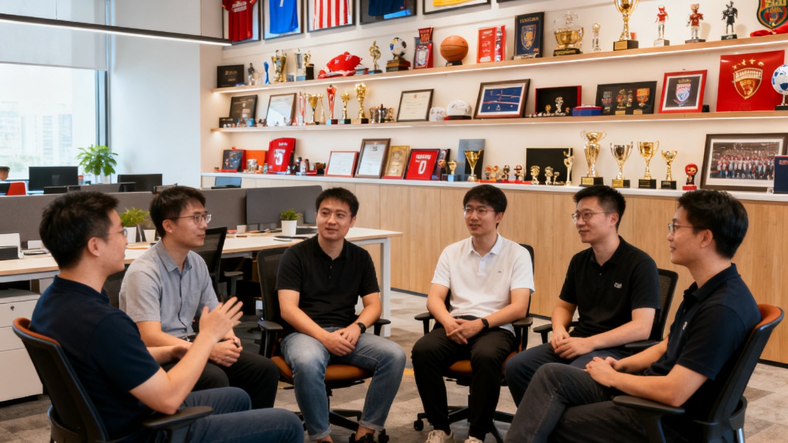 乐竞体育网创始团队六位核心成员围坐在一间充满设计感的开放式办公空间内，墙上挂着各支著名球队的球衣和纪念品，团队成员正在热烈讨论产品方案